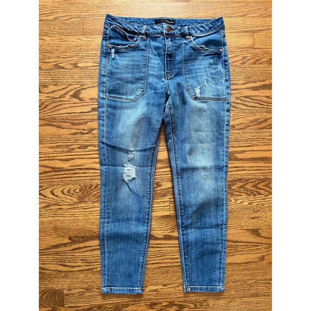 Versona Modern Skinny Jeans Womens 31 Medium Wash Distressed Patch Pocket Denim